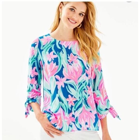 Lilly Pulitzer Langston Blouse Top XS Pink Blue Dream a Little Dream Tropical - Picture 1 of 13